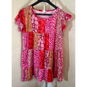 BiBi Leopard Print Tiered Mini Dress - Patchwork Floral Red/Pink - Size M
